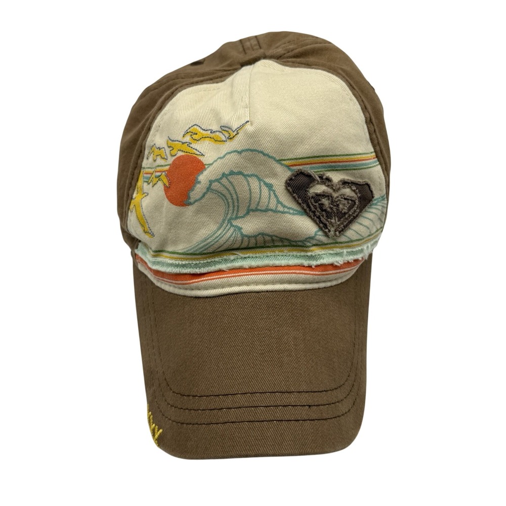 Vintage 90s Y2K Roxy Surf Snap Back Hat Brown Distressed Skater Grunge